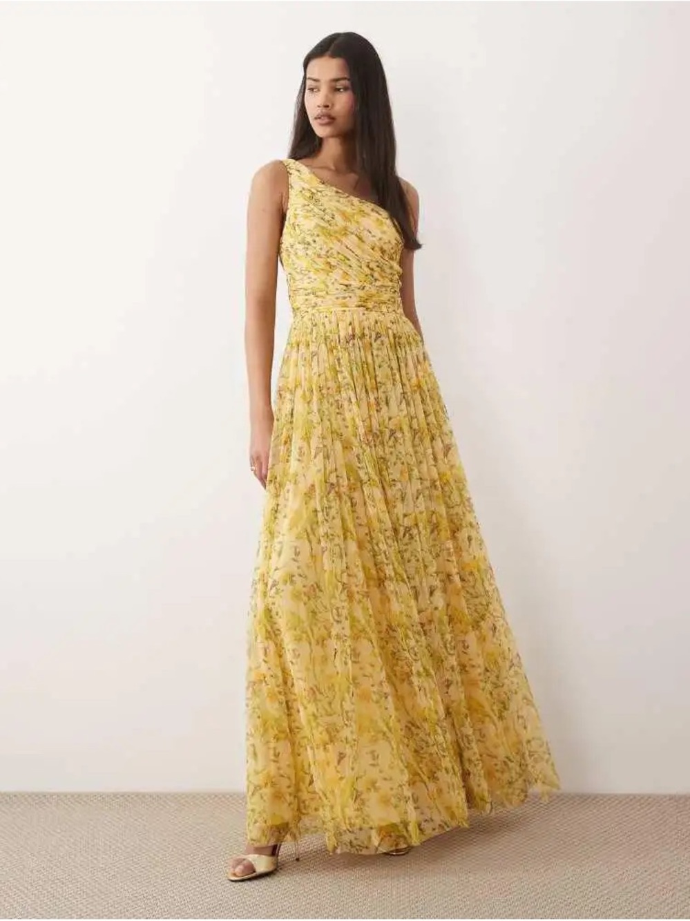 Lace & Beads Yellow One-Shoulder Floral Maxi Dress